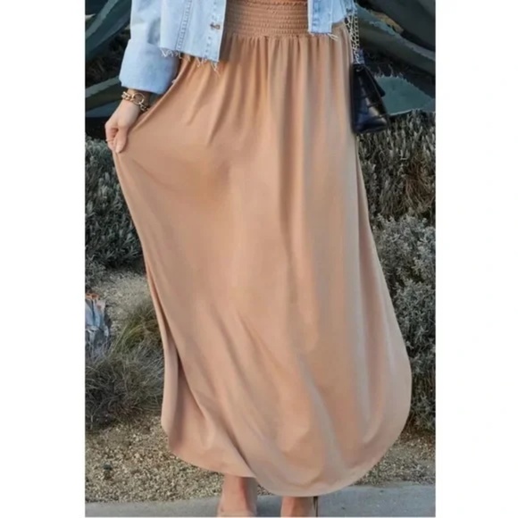 SOLD OUT Camel Smocked Waist Side Slit Pocket Maxi Skirt - Picture 5 of 6
